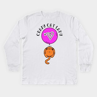 Crazy Cat Lady Funny Cat with Pink Balloon Graphic Design Kids Long Sleeve T-Shirt